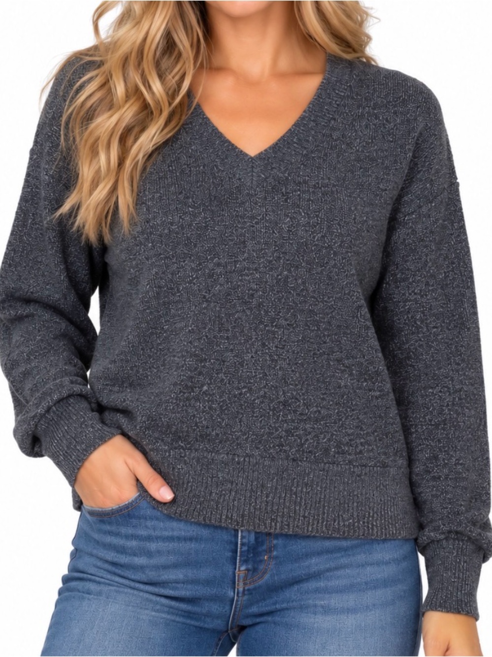 Jane and Delancey Waffle Knit Notch Neck Long Sleeve Pullover Top textured SZ XL